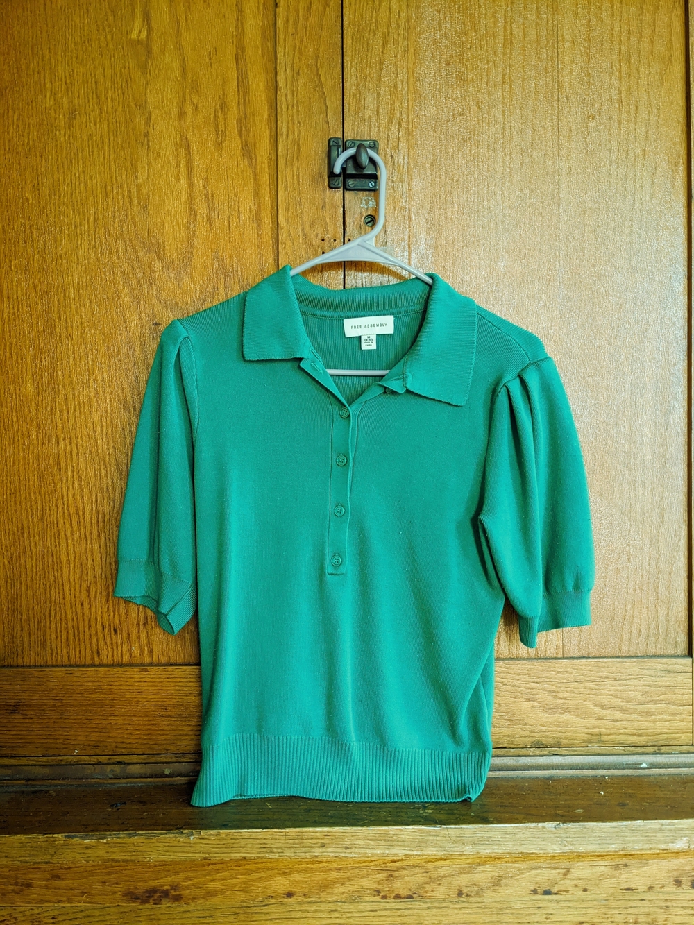 Free People Emerald Green Puff Sleeve Polo